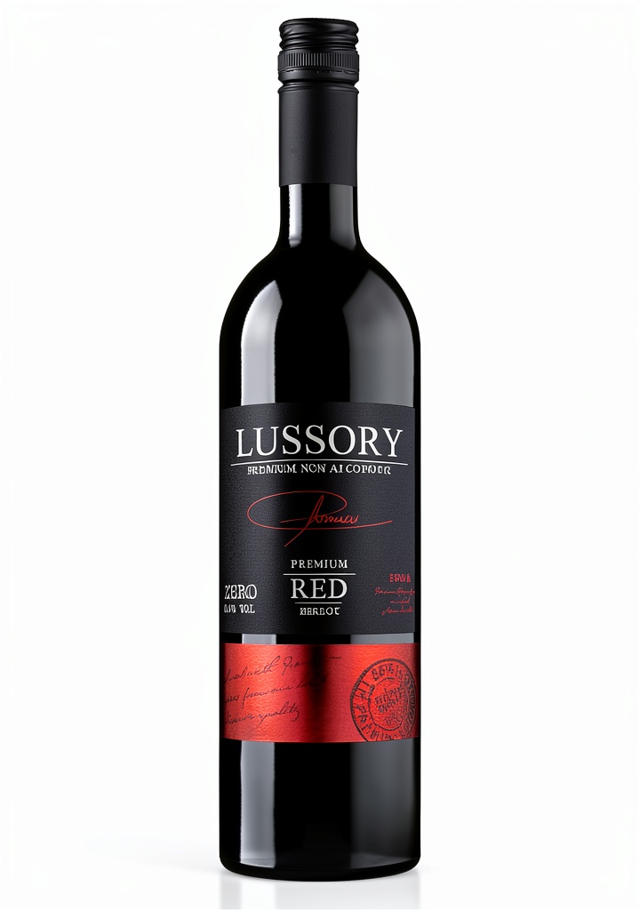Lussory non-alcoholic Merlot wine bottle with detailed label showcasing La Mancha origin