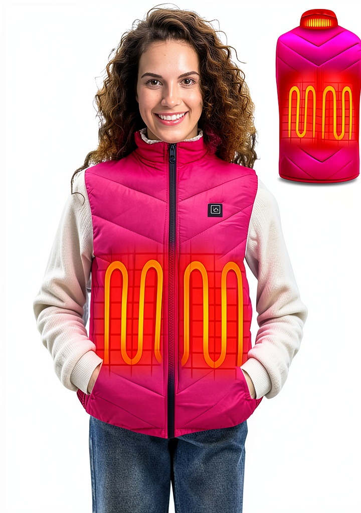 BETTER EVERY DAY heated vest in pink showing 4 heated zones on a woman outdoors
