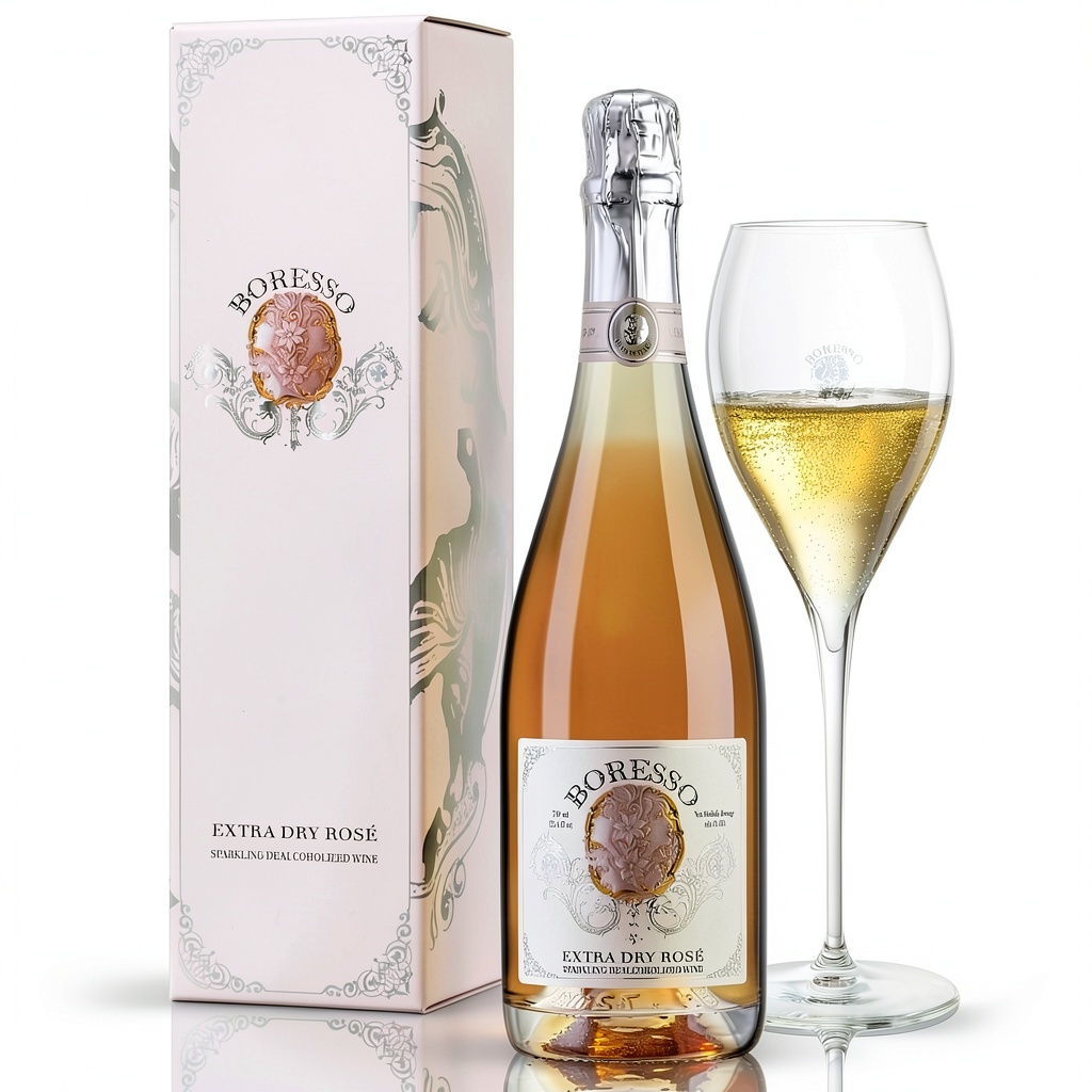 'International Loft Non-Alcoholic Rosé Wine bottle and glass on a table'