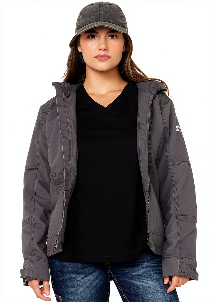 Woman wearing ARIAT utility jacket on a construction site